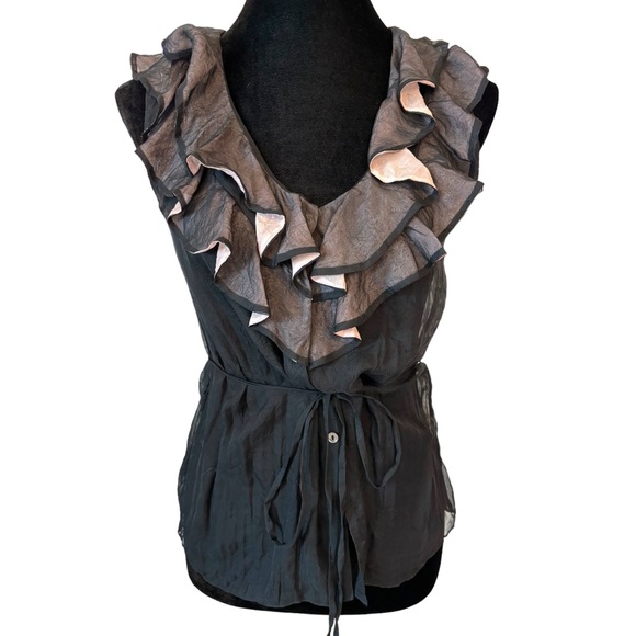 Elie Tahari Black & Pink Silk Sheer Ruffle Top SizeSmall - Picture 1 of 5